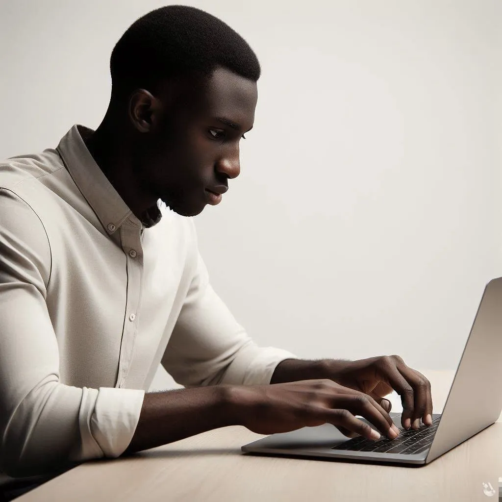 Sabine Mutumba, Ein Mann, der am Laptop arbeitet